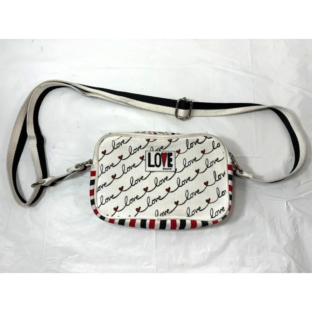 Brighton Love Scroll Cross Body Bag Canvas White Black Red Hearts